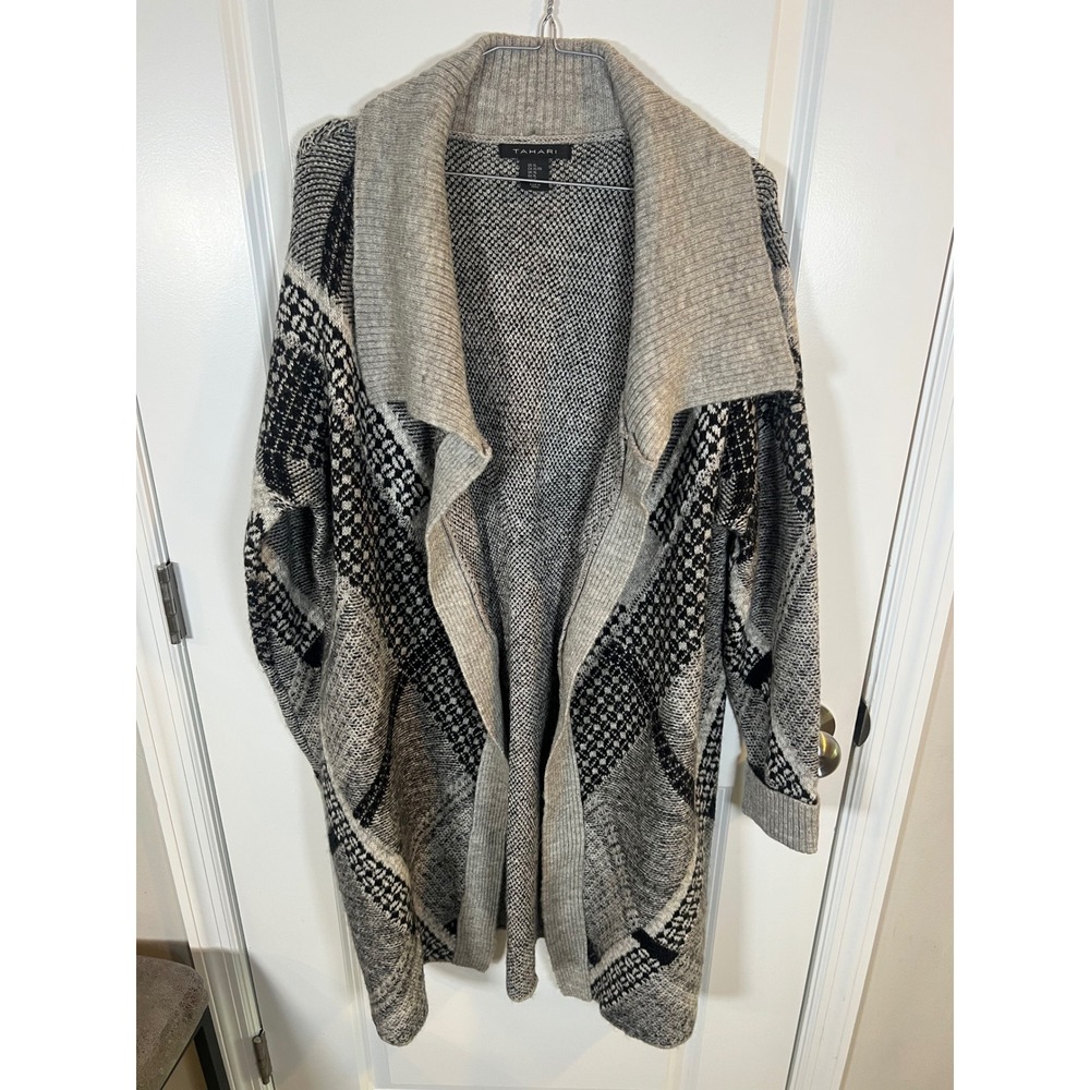 Tahari Womens Cardigan Geometric Wool Blend Gray XL